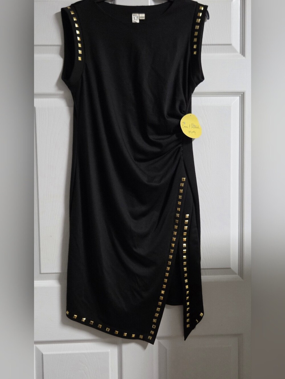 Emma & Michele Black Midi Dress with Gold Stud Trim Size L NWT *